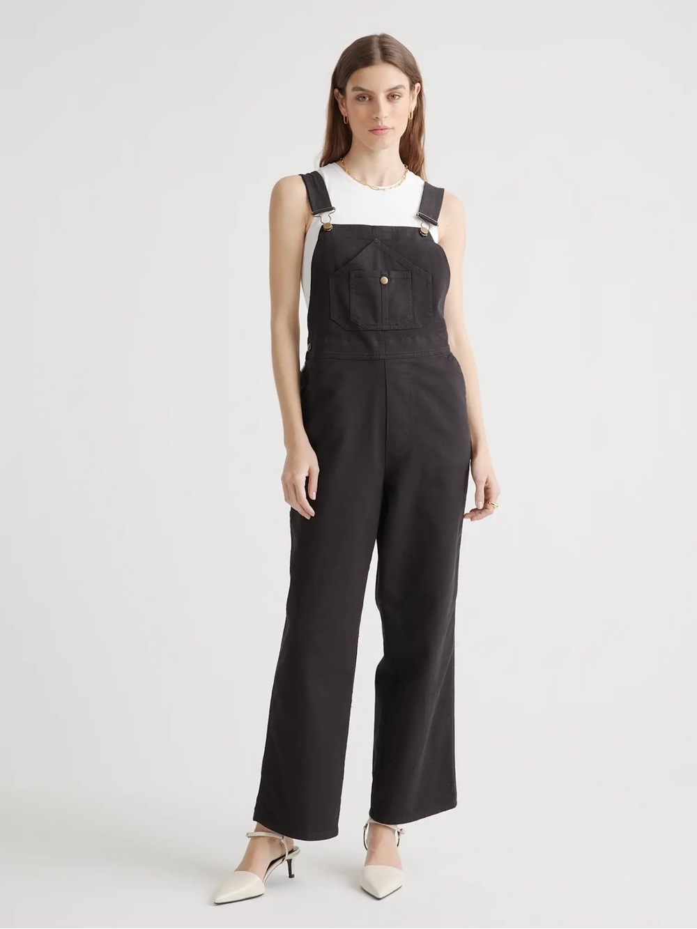 Quince Organic Stretch Cotton Twill Relaxed Fit Black Wide Leg Overalls Small